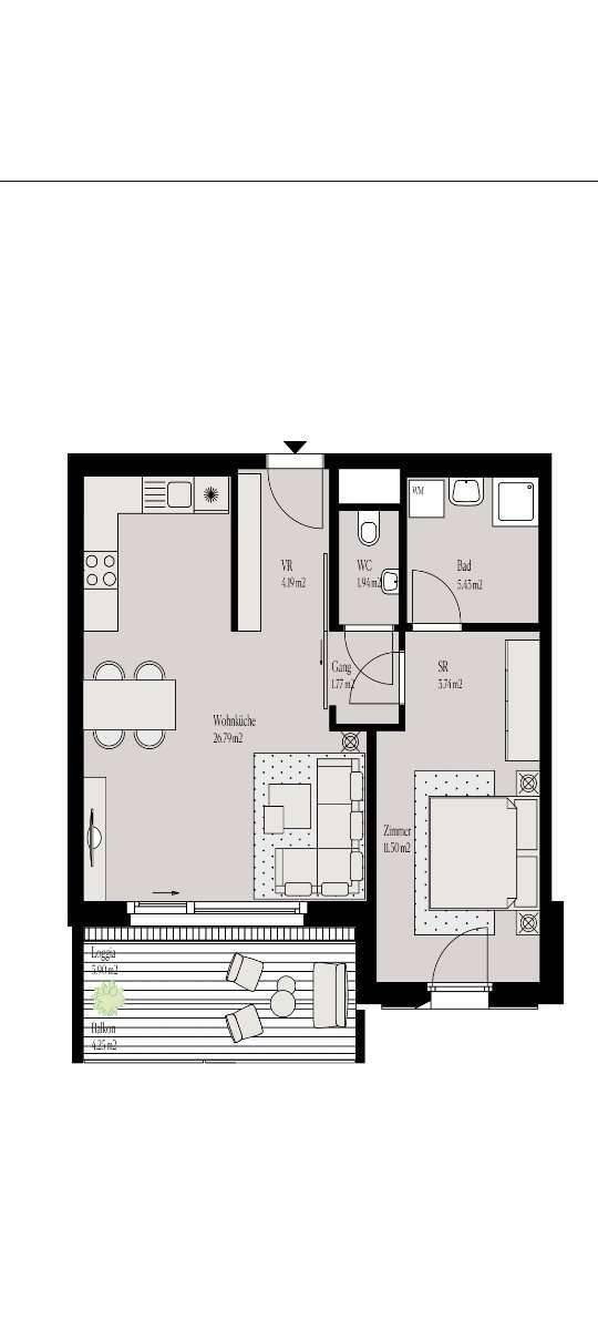 Grundriss einer Wohnung mit Wohnbereich, Schlafzimmer, Bad und Balkon.