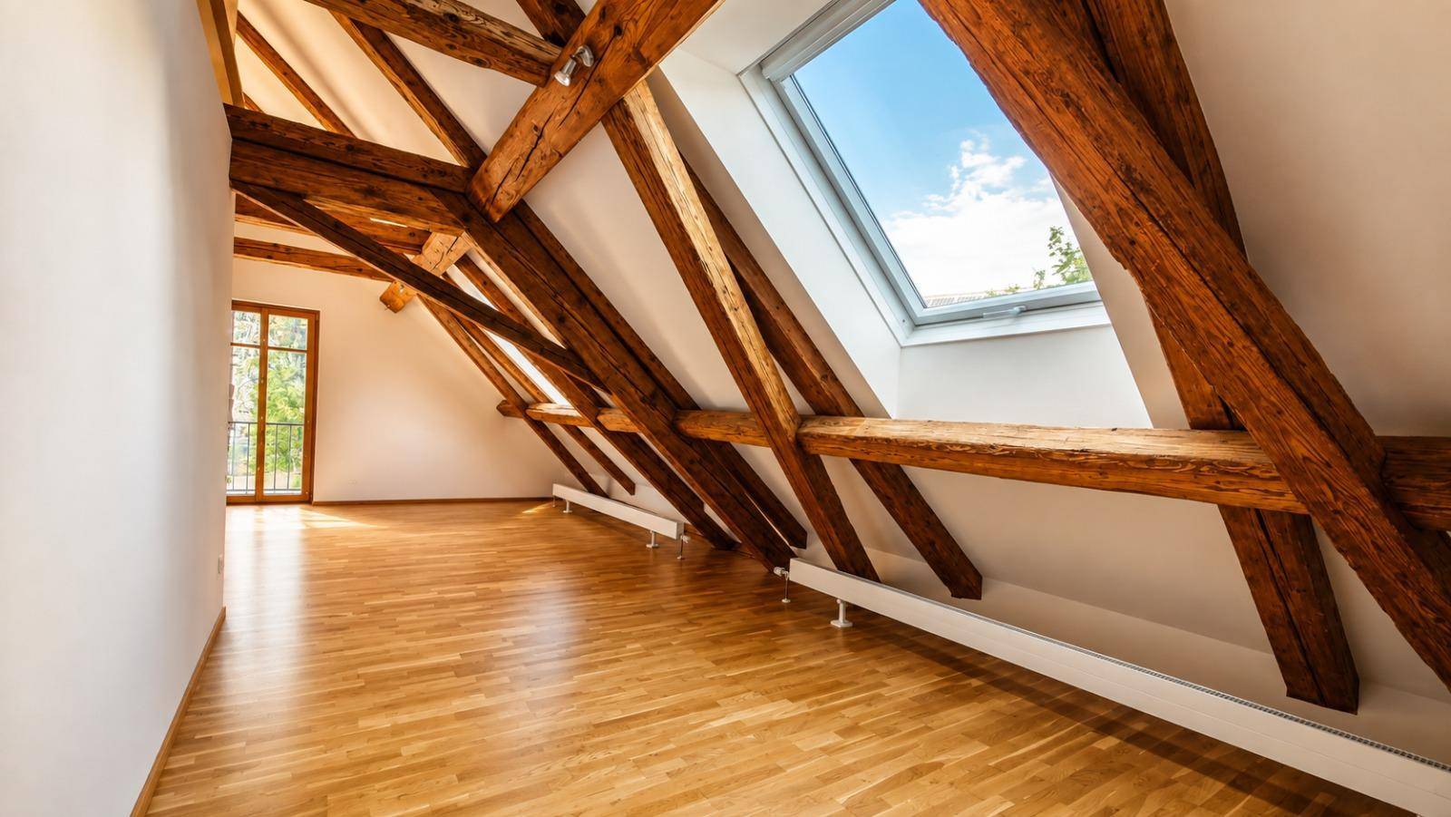 Heller Dachbodenraum mit schrägen Decken, sichtbaren Holzbalken, großem Dachfenster und Balkontür.