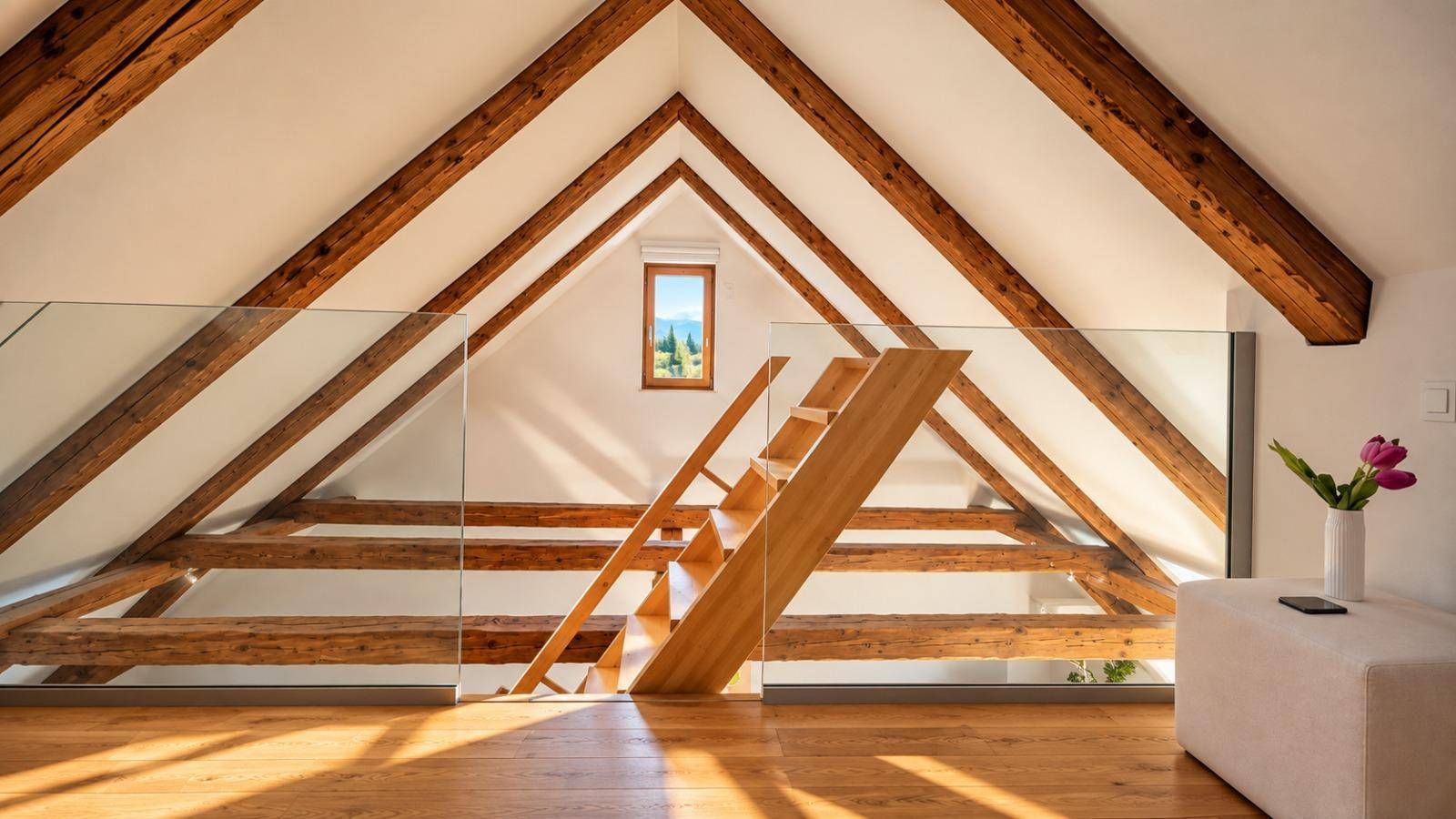Offene Galerie im Dachgeschoss mit Holztreppe, Glasgeländer und einem kleinen Fenster mit Fernblick.