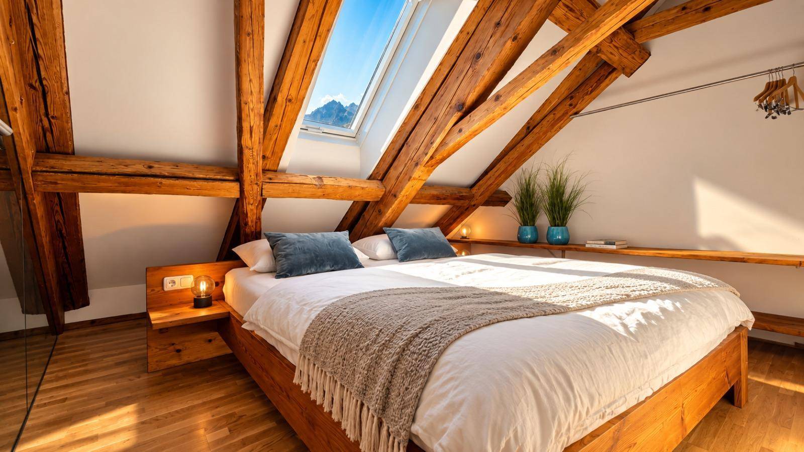 Gemütliches Schlafzimmer im Dachgeschoss mit Holzbett, Holzbalken und direktem Bergblick durch das Dachfenster.