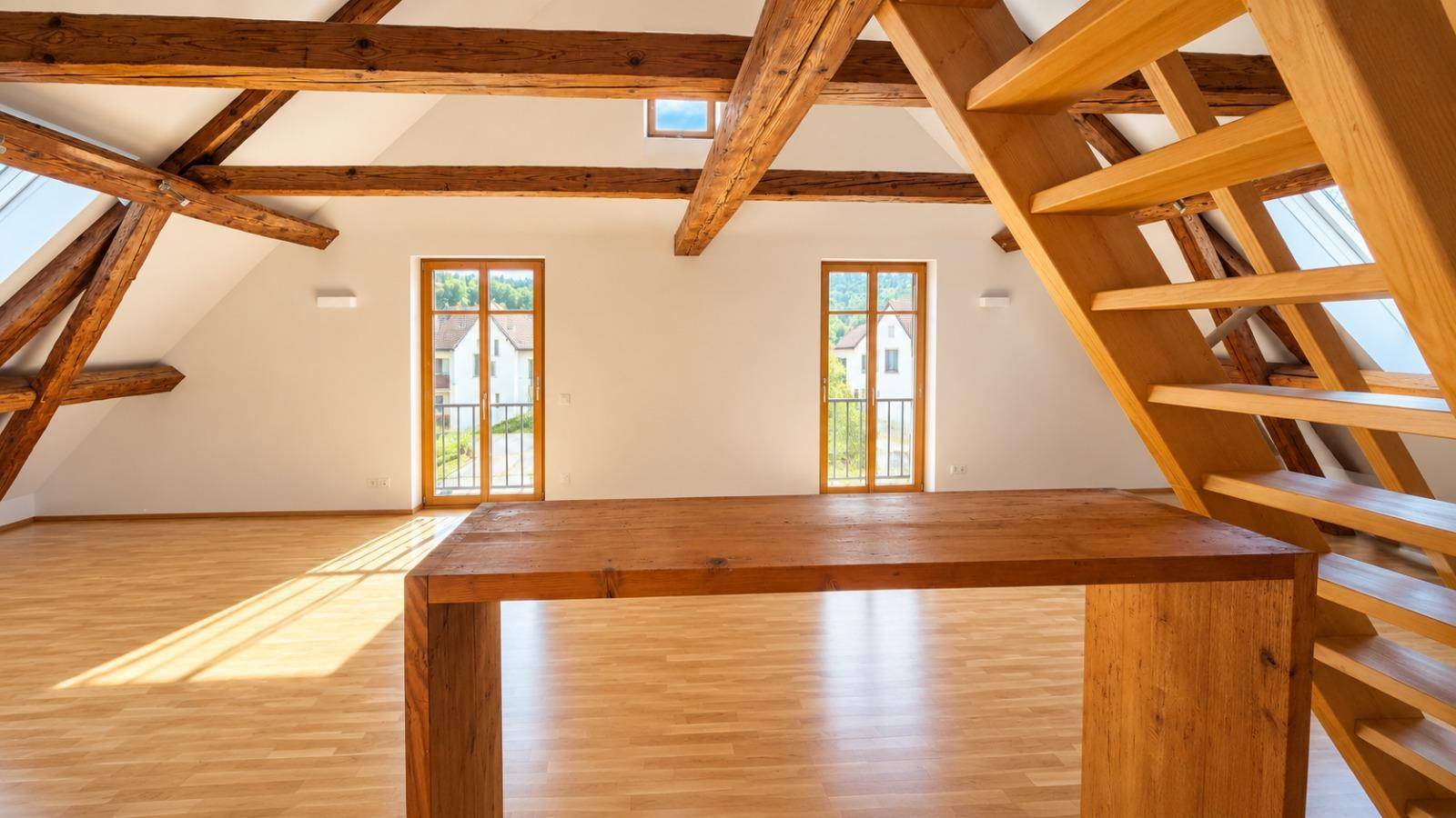 Heller Dachbodenraum mit Holztisch, zwei französischen Balkonen und sichtbaren Holzbalken, die Charakter verleihen.