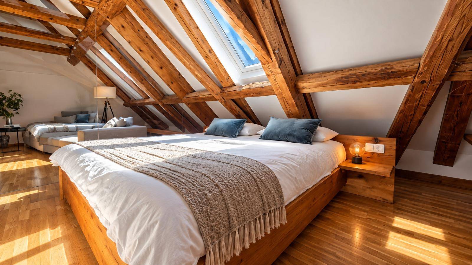 Helles Schlafzimmer im Dachgeschoss mit großem Bett, Holzbalken und Dachfenster mit Bergblick.