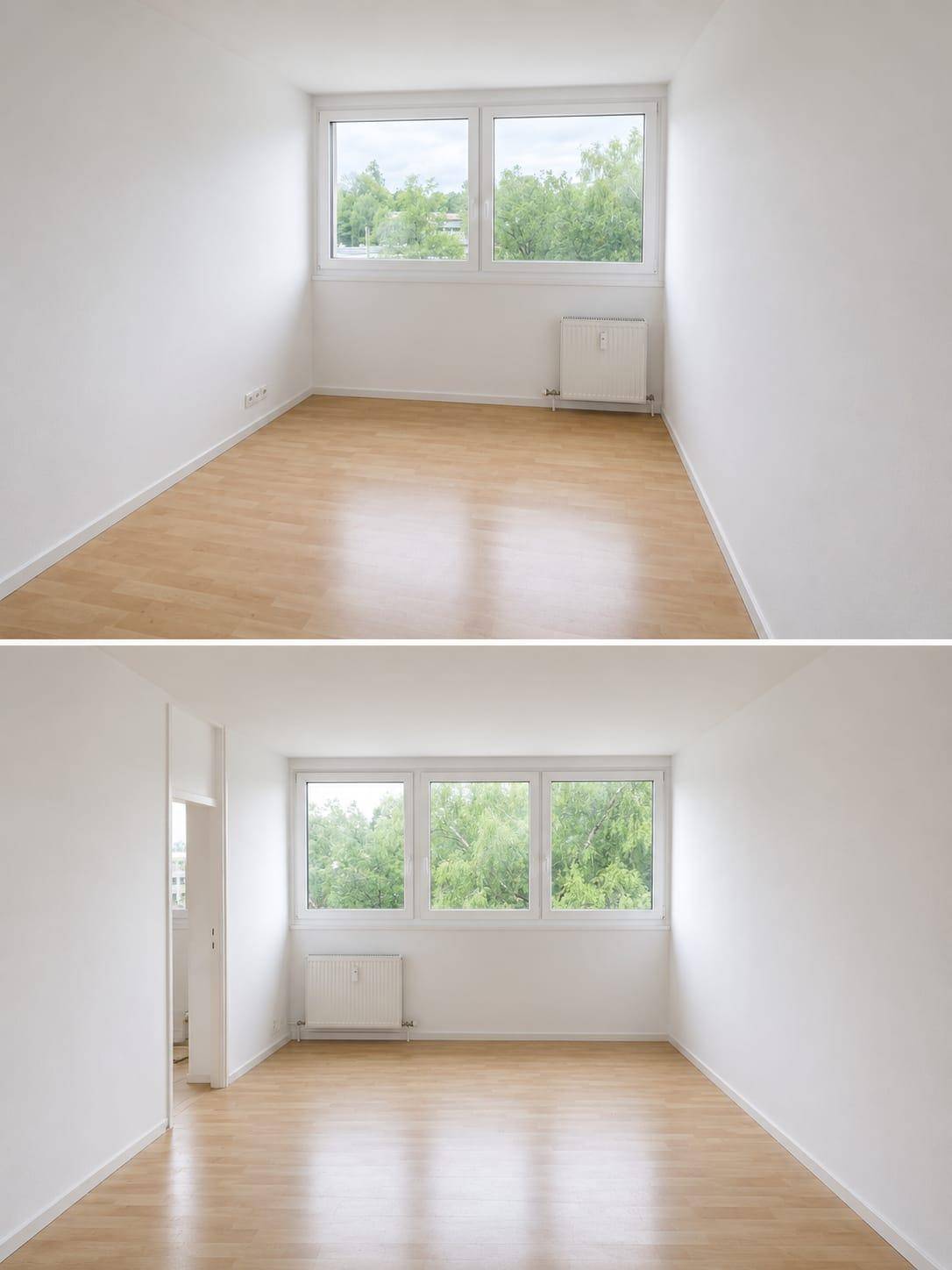 Heller, leerer Raum mit Parkettboden und großen Fenstern, die viel Tageslicht hereinlassen.
