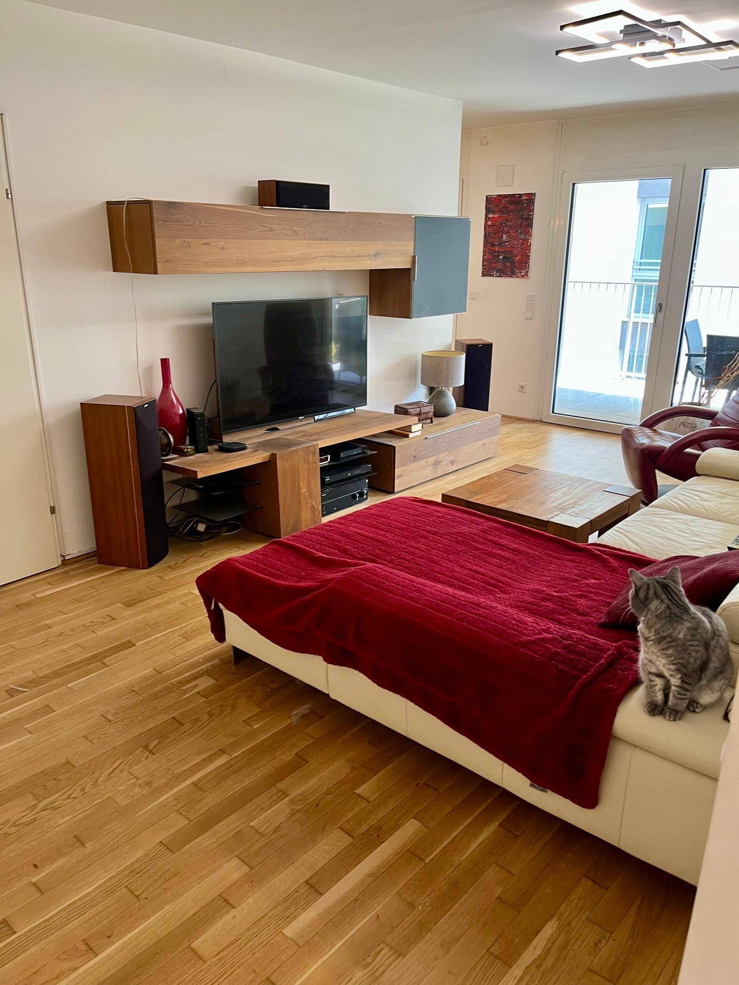 Gemütliches Wohnzimmer mit Holzboden, Sofa, TV-Möbel und Zugang zu einem Außenbereich.