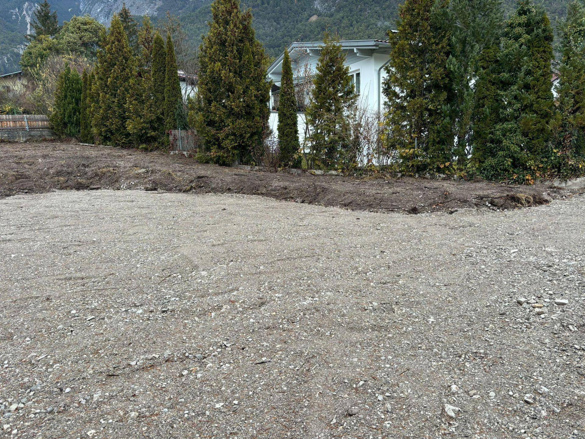 Offene Schotterfläche mit hohen Bäumen im Hintergrund, die ein Wohngebäude teilweise verdecken.