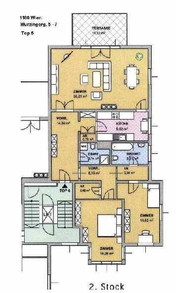 Detaillierter Grundriss einer Wohnung im zweiten Stock mit Terrasse und mehreren Zimmern.