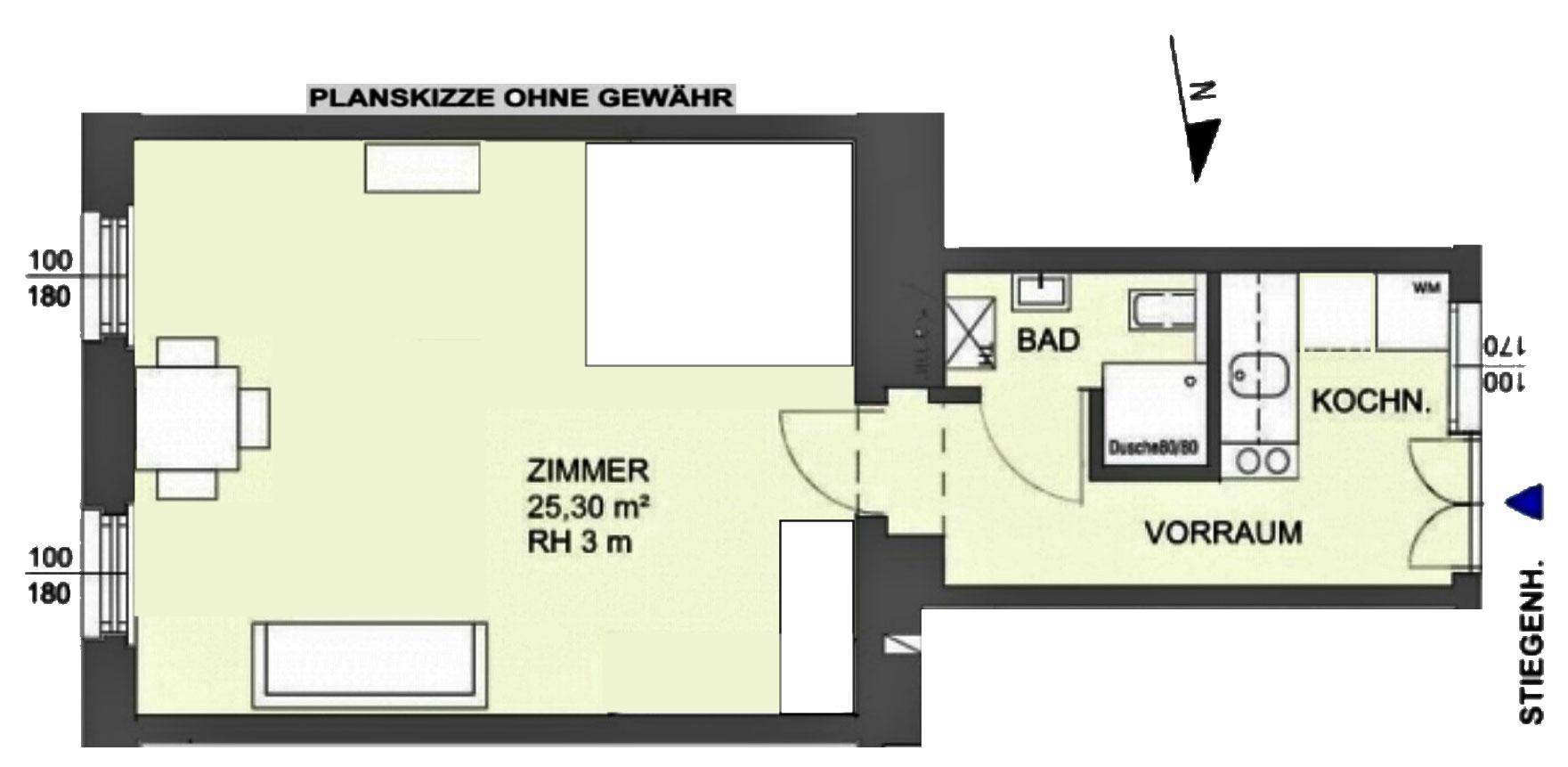Grundriss der Wohnung mit einem großen Zimmer, separater Küche, Bad und Vorraum.