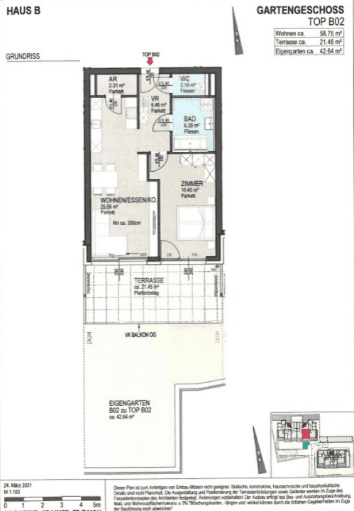 Grundriss der Gartenwohnung Top B02 mit Wohn-Essbereich, Schlafzimmer, Bad und großem Garten.
