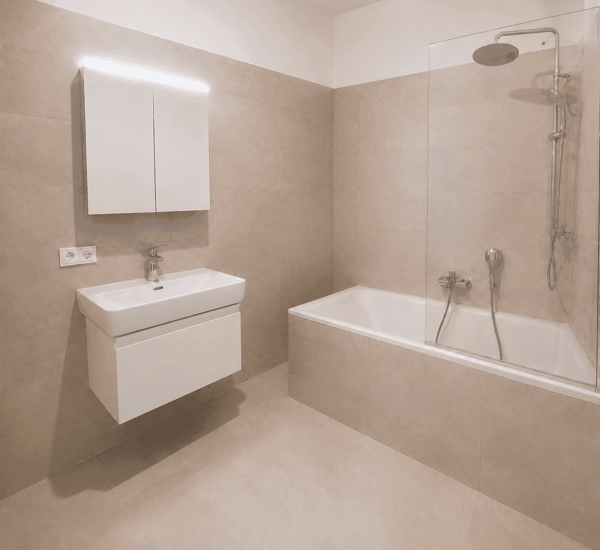 Modernes Badezimmer mit Badewanne, Duschvorrichtung, Einzelwaschbecken und beigefarbenen Fliesen.