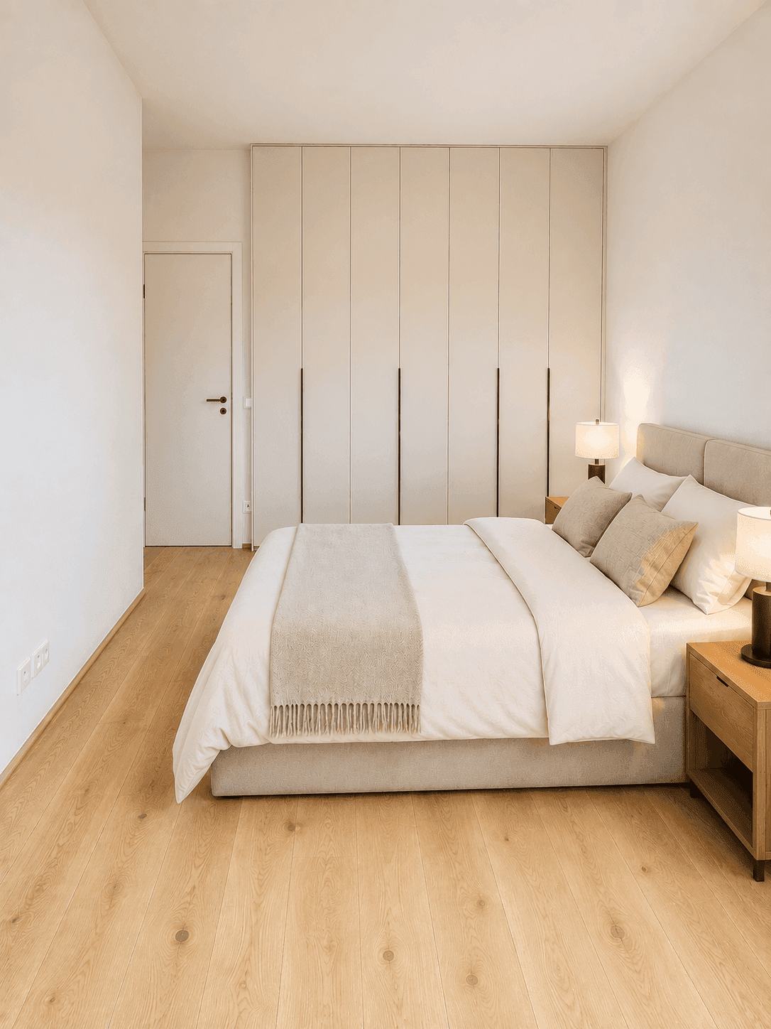 Modernes Schlafzimmer mit großem Bett, Nachttischen und einem eleganten Einbauschrank.