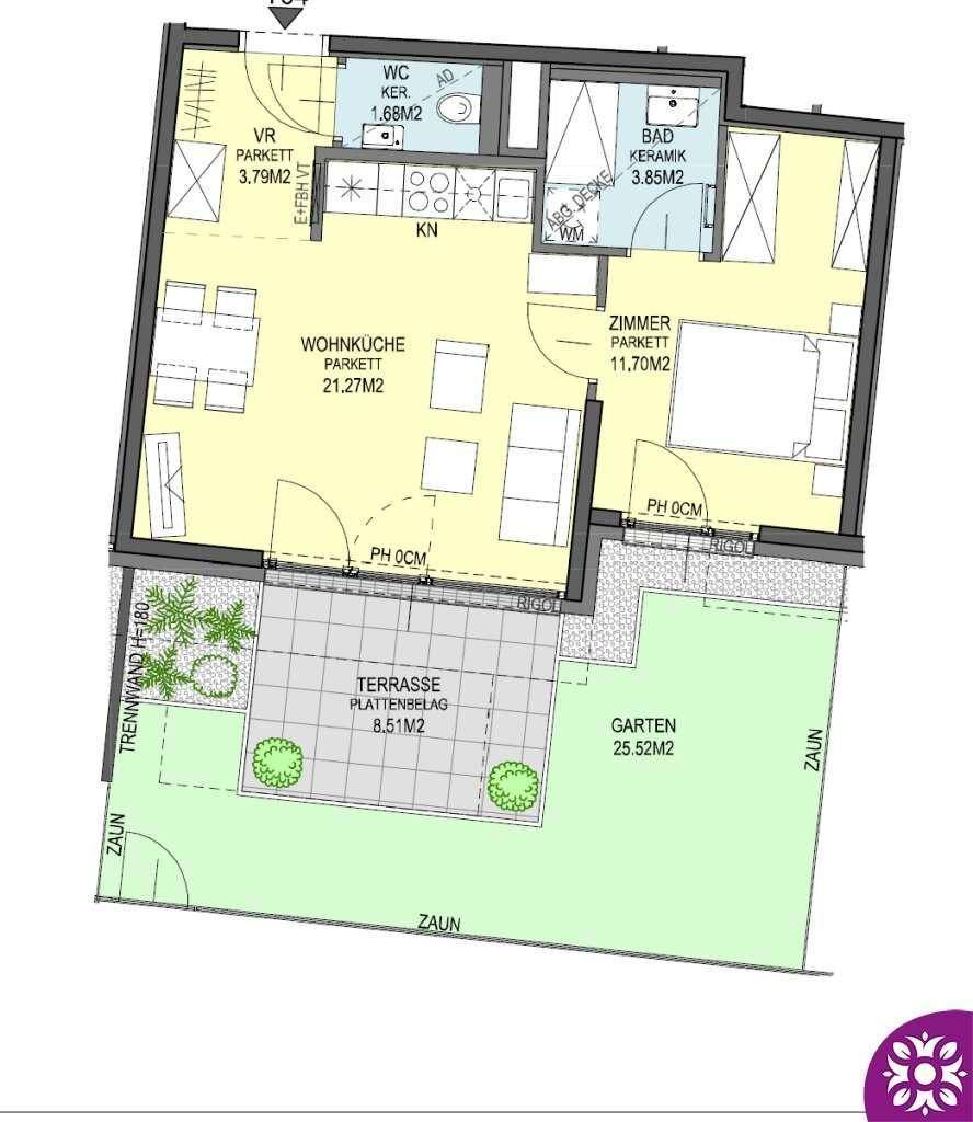 Grundriss einer Wohnung mit Wohnküche, Schlafzimmer, Bad, WC, Terrasse und Garten.