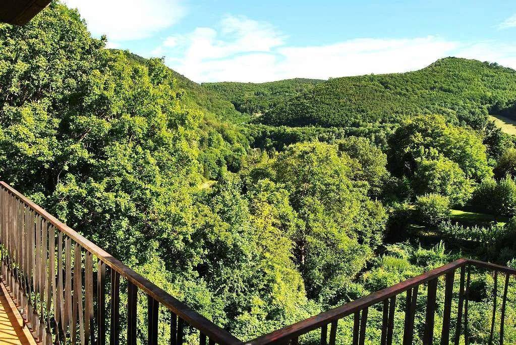 Weitläufiger Blick vom Balkon auf die umliegende grüne Hügellandschaft und Wälder.