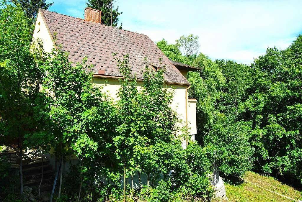 Seitenansicht des Hauses mit Ziegeldach, umgeben von üppiger Vegetation.
