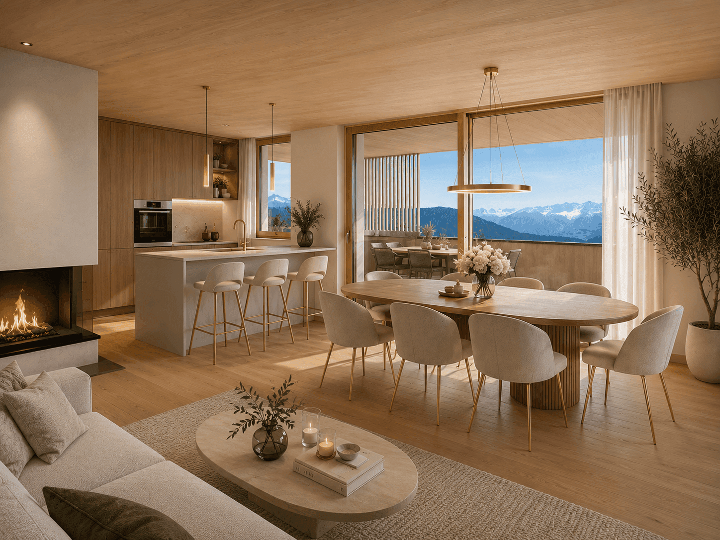 Lichtdurchfluteter Wohnbereich mit Kamin, Essbereich und moderner Küche, mit Zugang zum Balkon.
