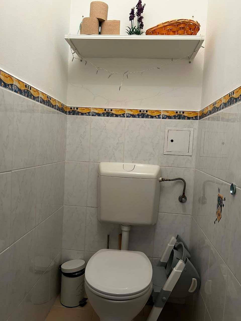 Kleines Gäste-WC mit WC, Wandregal und weiß-blauen Fliesen, funktional und sauber.