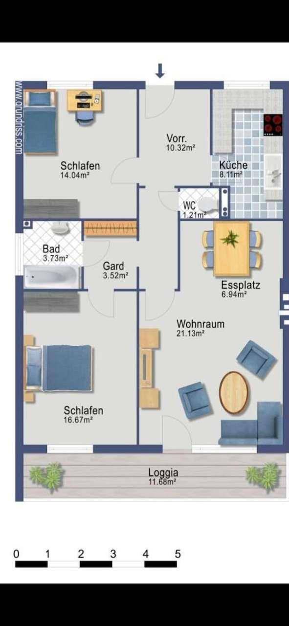 Grundriss einer Wohnung mit drei Schlafzimmern, offenem Wohnbereich und Loggia.