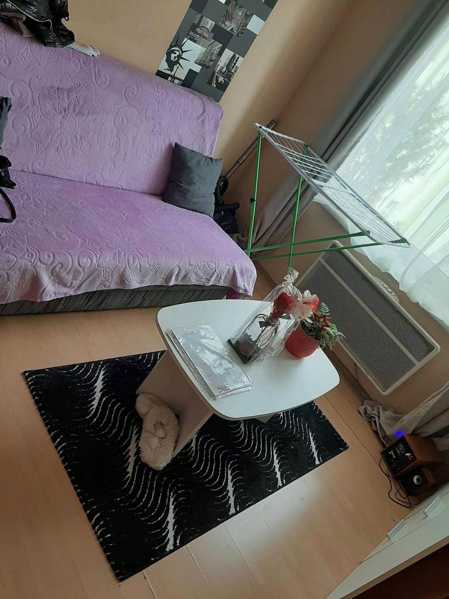 Gemütliches Wohnzimmer mit lila Sofa, Couchtisch und hellem Laminatboden, gut beleuchtet.