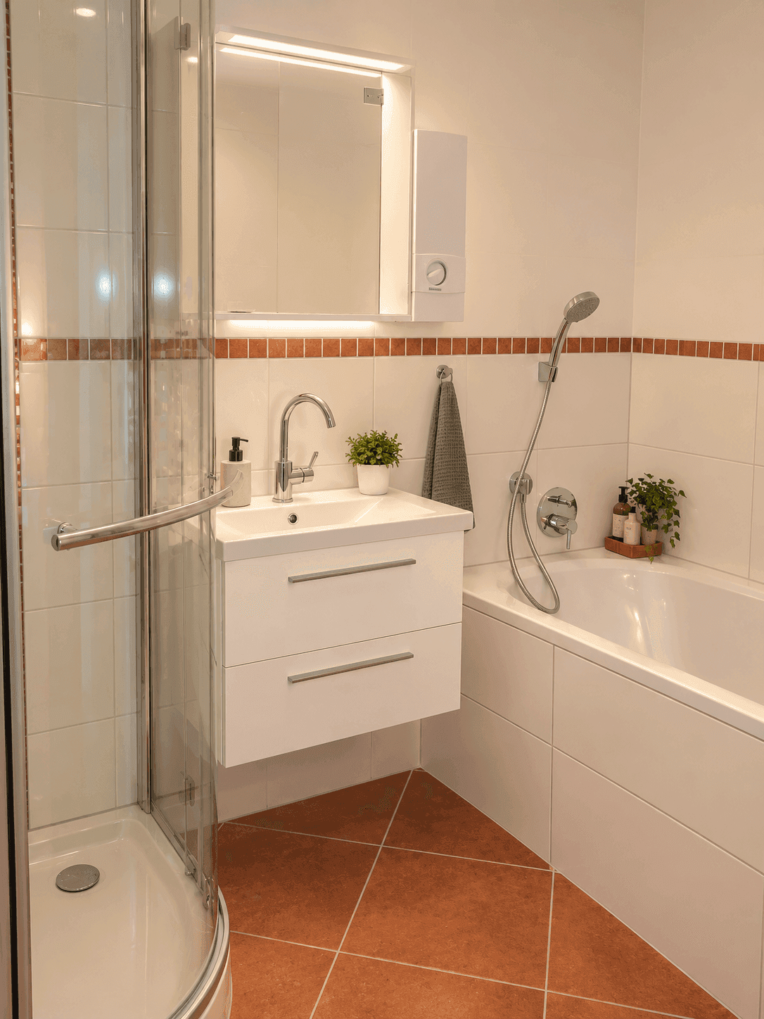 Modernes Badezimmer mit Dusche, Badewanne, Waschbecken und terracottafarbenen Bodenfliesen.
