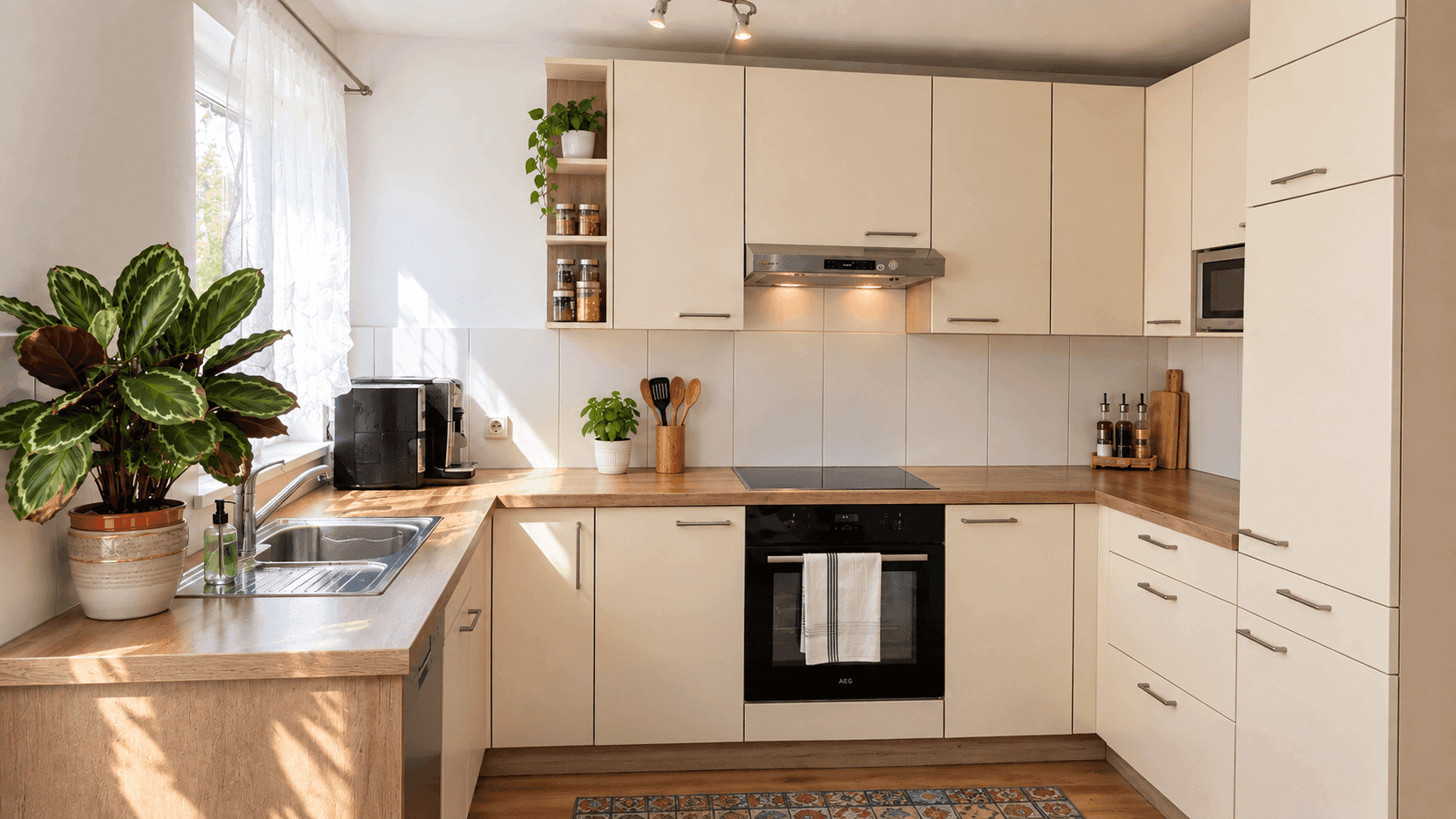Moderne Einbauküche in hellem Beige mit Holz-Arbeitsplatten und Induktionskochfeld.