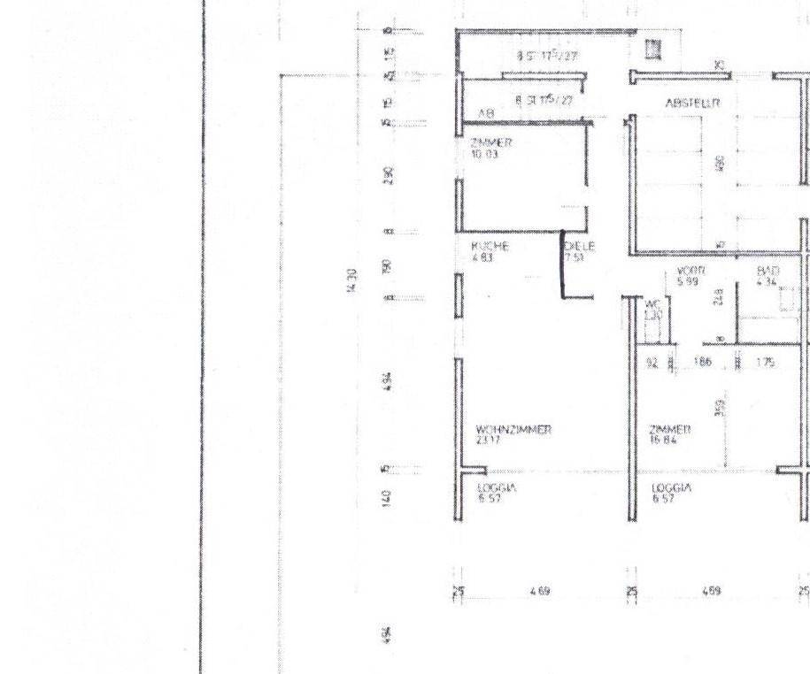 Grundriss einer Wohnung mit separater Küche, Wohnzimmer, zwei Schlafzimmern, Bad, WC und zwei Loggien.