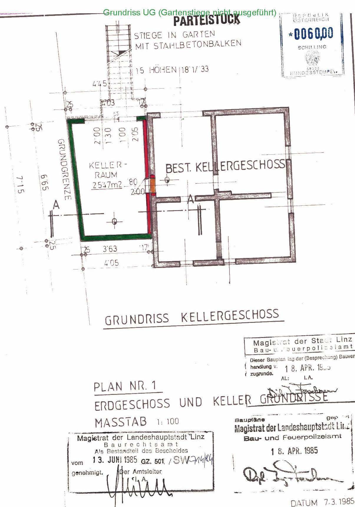 Grundriss des Kellergeschosses mit Kellerräumen und Zugang zum Garten.