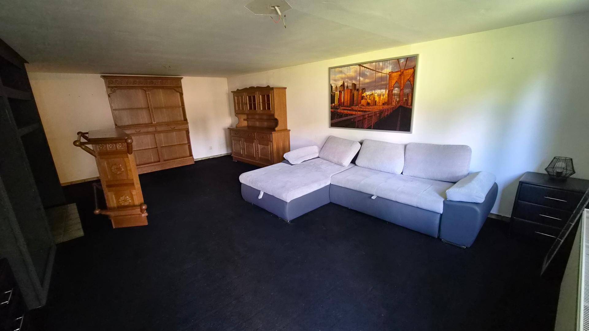 Großer Kellerraum mit Teppichboden, bequemer Couch und Kunst an der Wand.