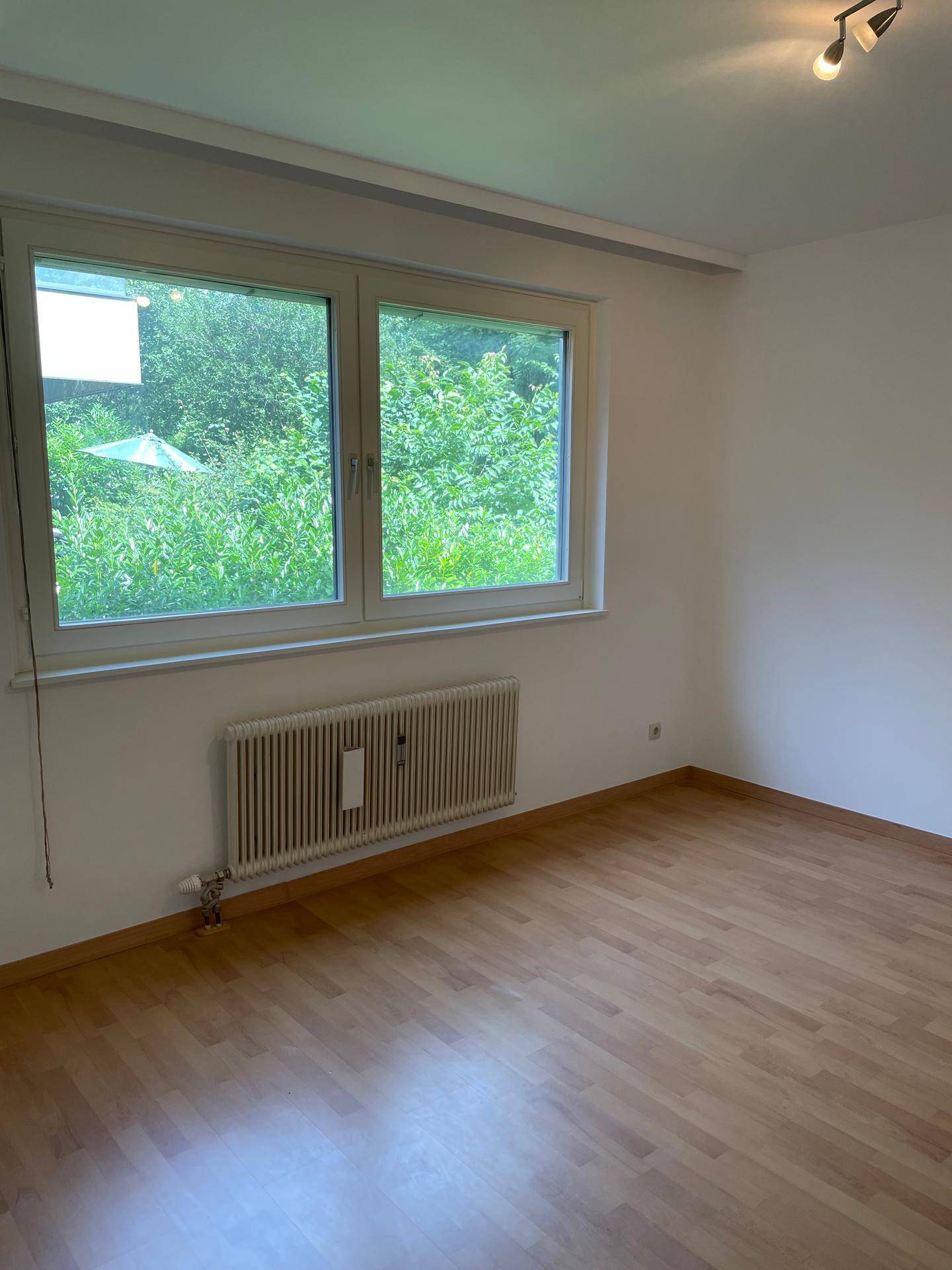 Heller, leerer Raum mit Laminatboden und großem Fenster, das viel Tageslicht hereinlässt.
