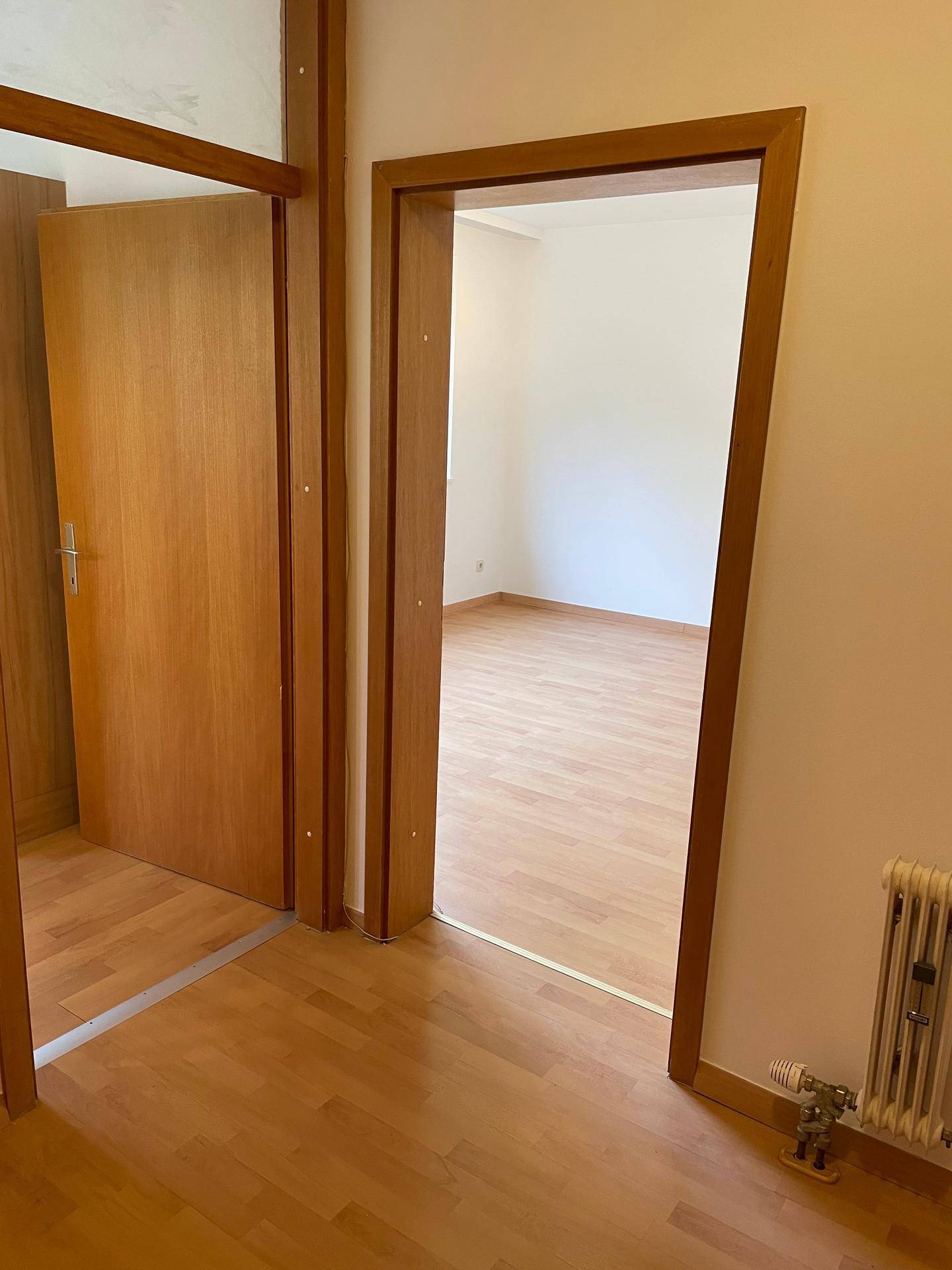 Heller Flur mit Laminatboden und Holztürrahmen, der den Zugang zu einem weiteren Zimmer ermöglicht.