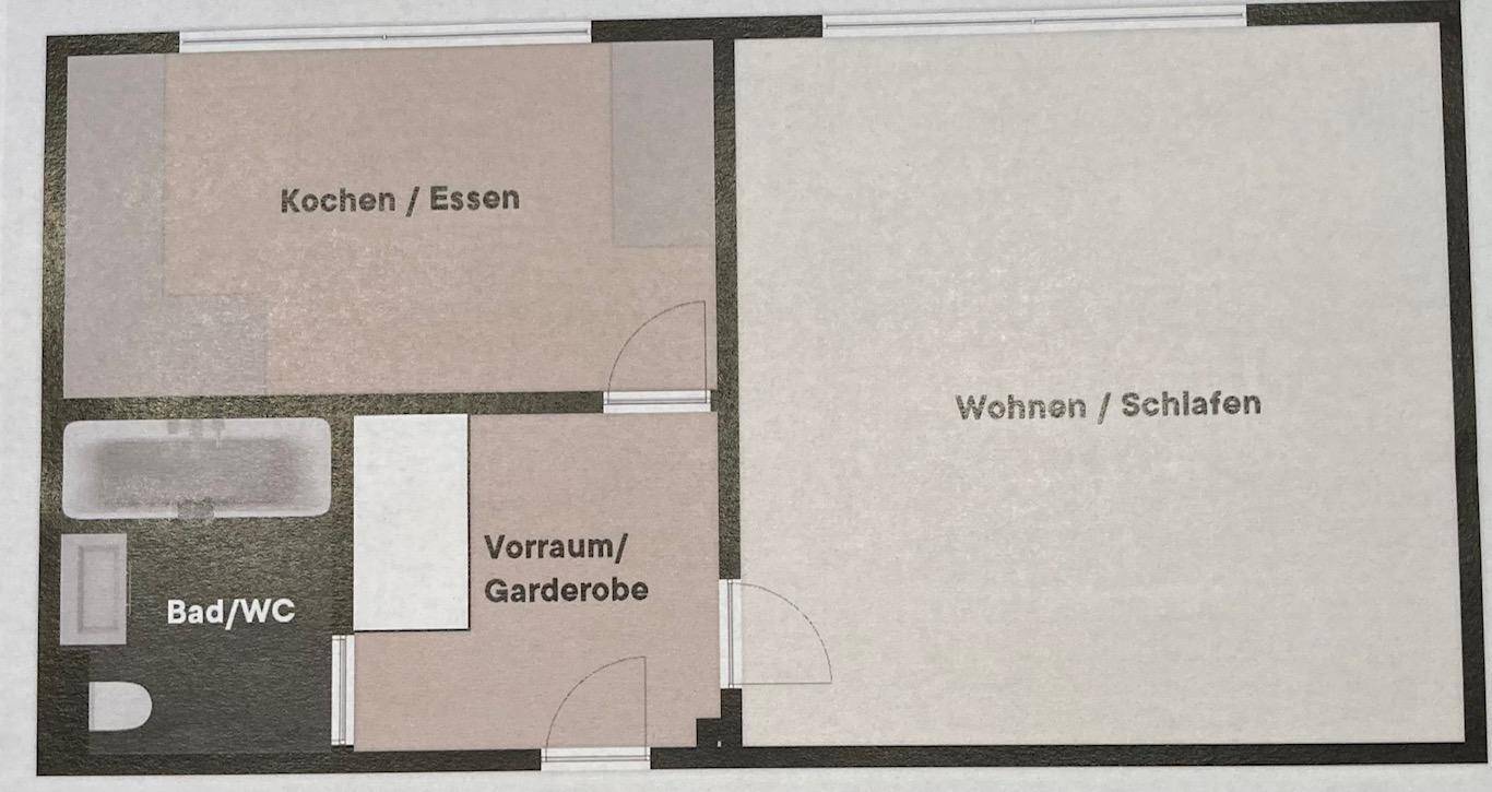 Grundriss einer Wohnung mit separater Küche, Bad und kombiniertem Wohn- und Schlafbereich.