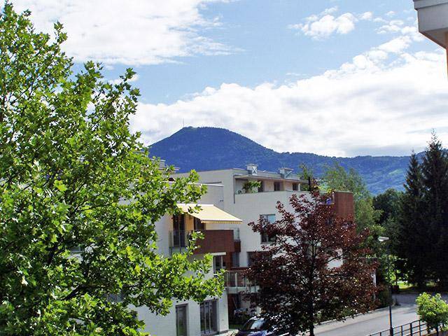 Panoramablick auf Wohngebäude, grüne Bäume und einen fernen Berg unter blauem Himmel.