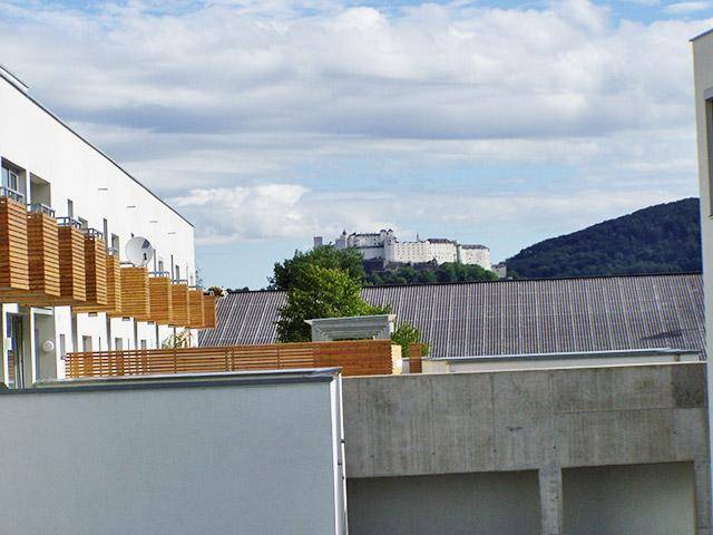 Blick auf Wohngebäude, Dächer und eine historische Festung auf einem Hügel in der Ferne.