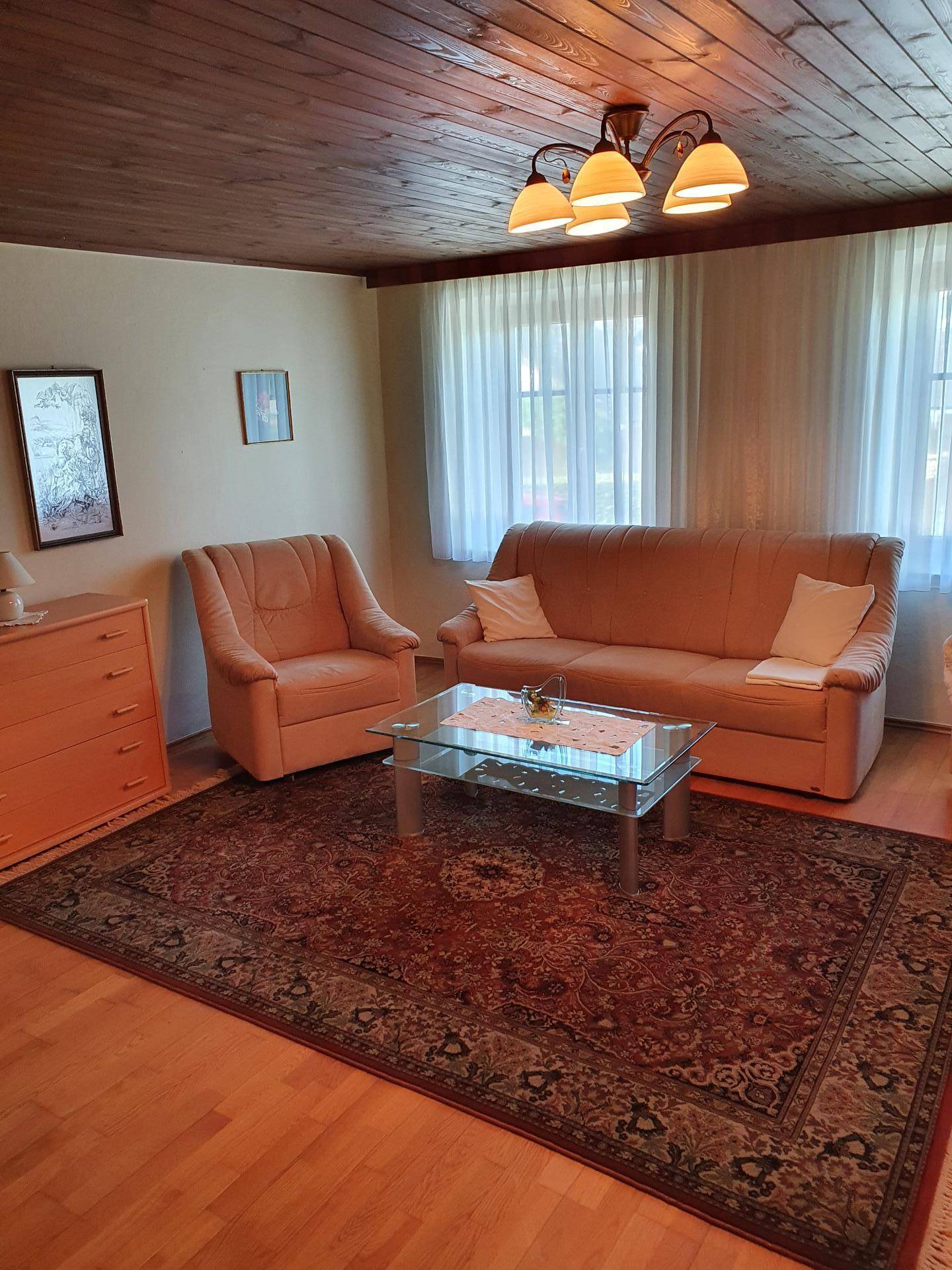 Gemütliches Wohnzimmer mit Sofa, Sessel, Holzbalkendecke und großem Teppich.