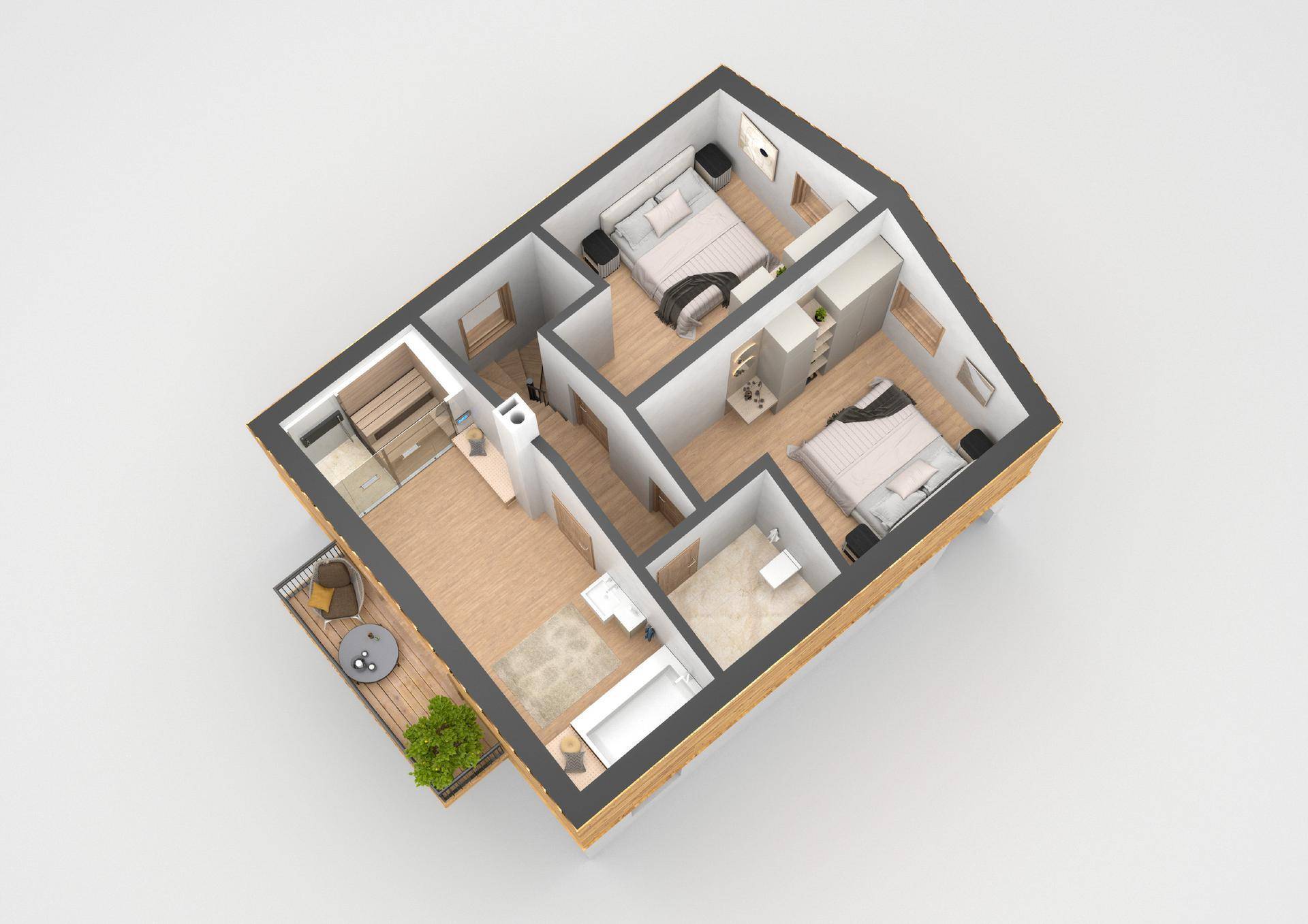 3D-Grundriss des Obergeschosses mit zwei Schlafzimmern, Bad und Balkon.