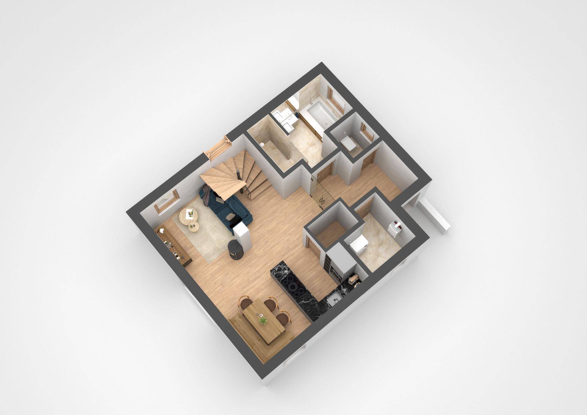 3D-Grundriss des Erdgeschosses mit offenem Wohnbereich, Küche und Badezimmer.
