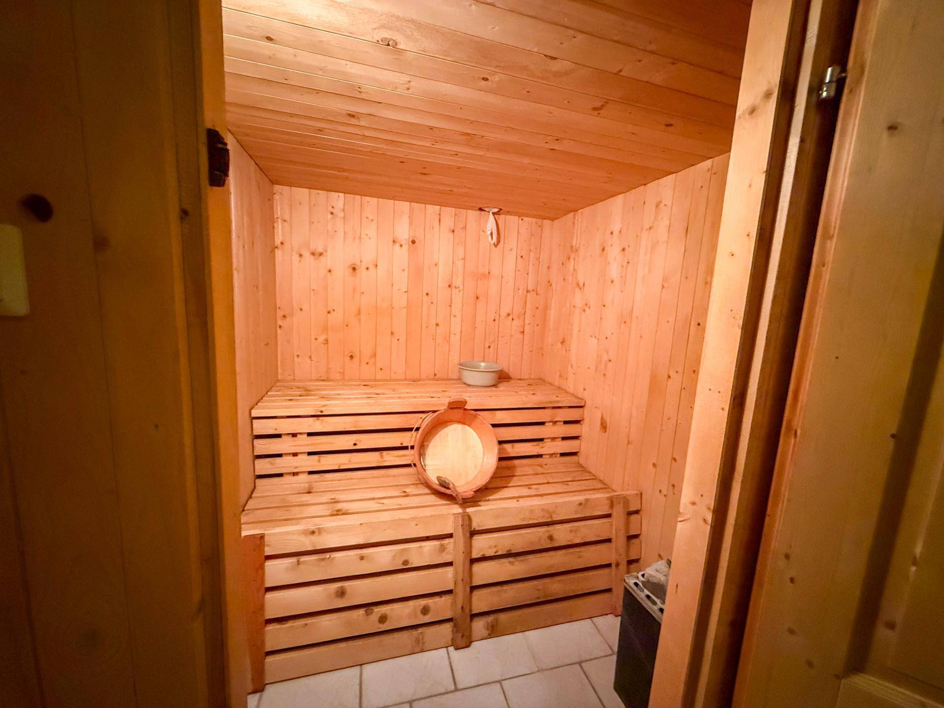 Traditionelle Holzsauna mit Sitzbänken und Saunaofen für entspannende Momente.