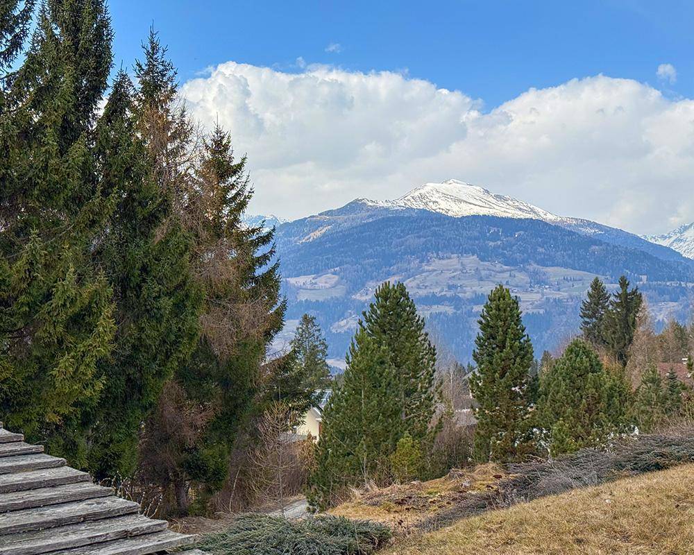 Atemberaubender Blick auf schneebedeckte Berge und grüne Wälder, umgeben von unberührter Natur.