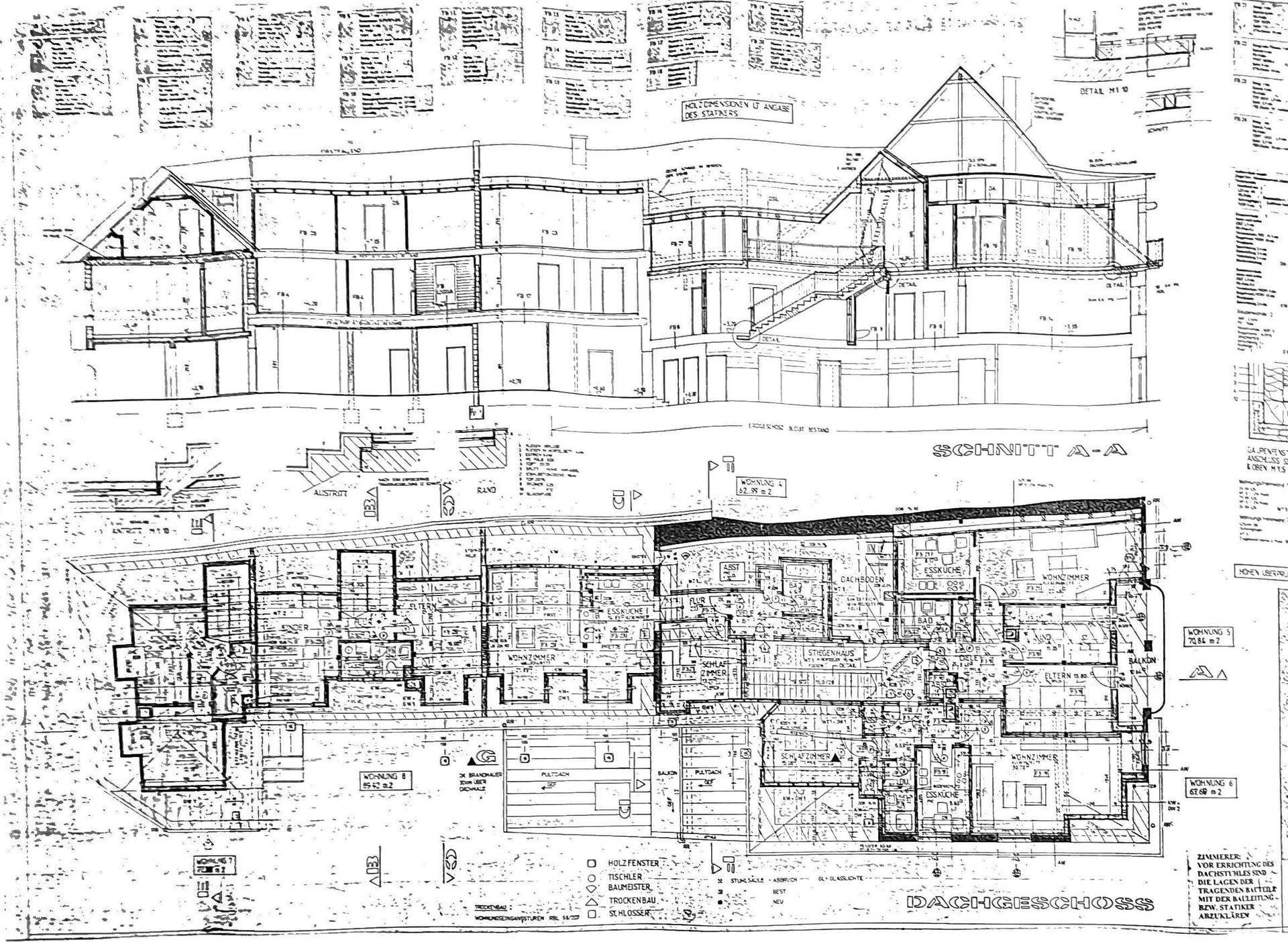 Architektonischer Schnitt und Grundriss des Dachgeschosses mit detaillierten Raumstrukturen.