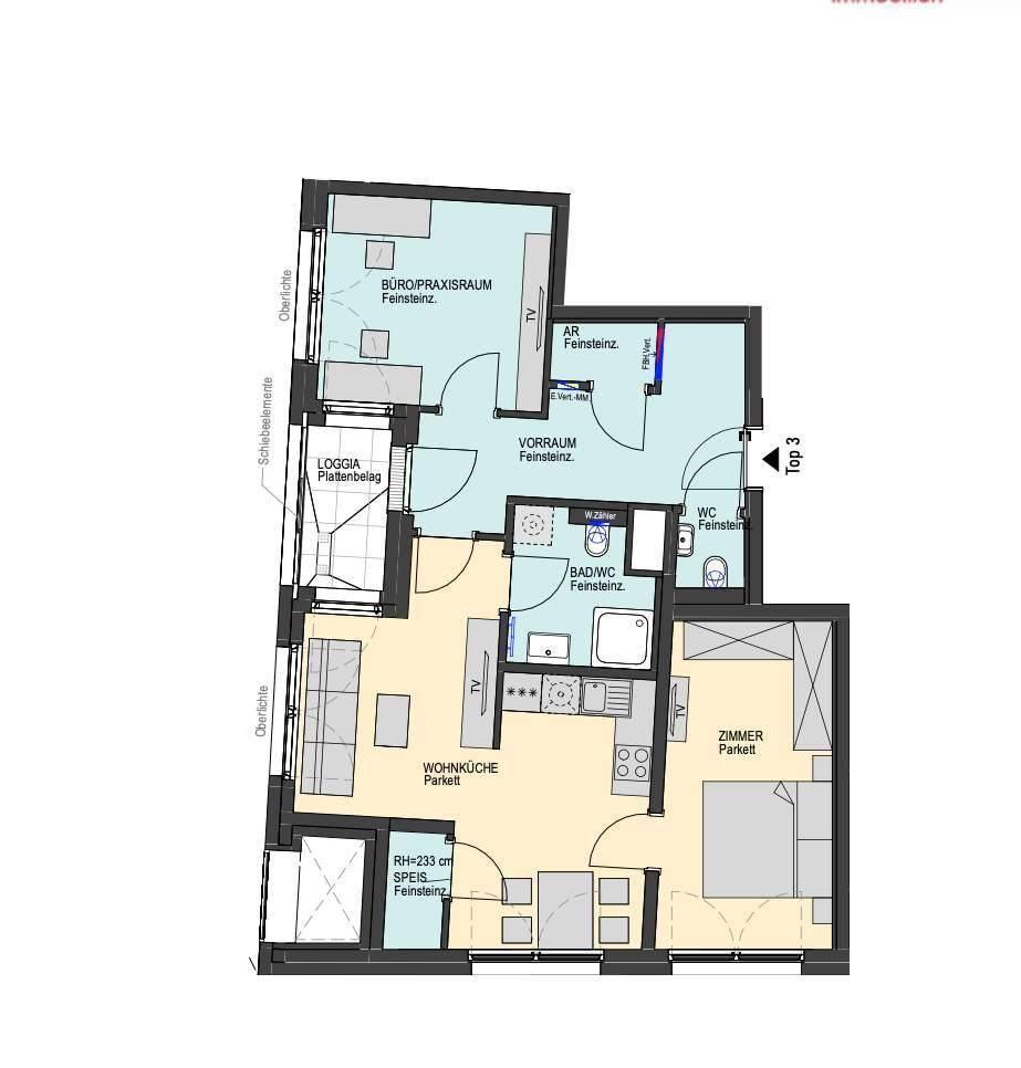 Detaillierter Grundriss einer Wohnung mit Wohnküche, Loggia und mehreren Zimmern.