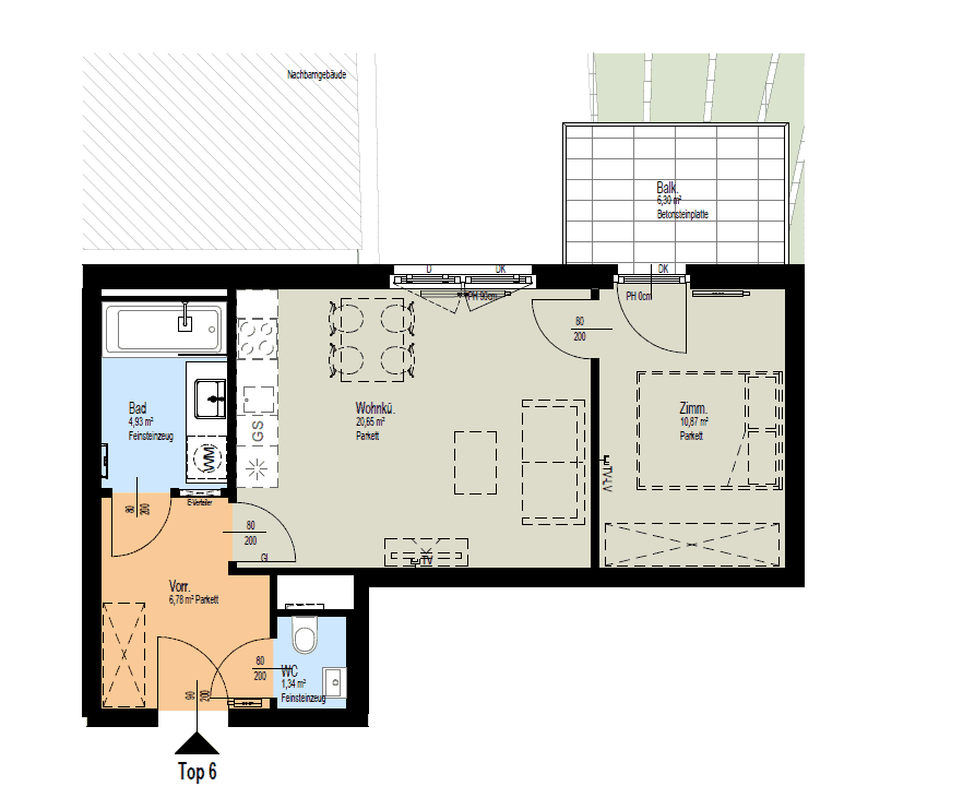 Detaillierter Grundriss einer Wohnung mit offenem Wohn- und Küchenbereich sowie Balkon.