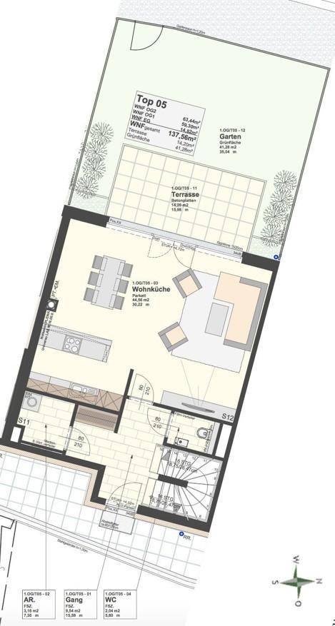 Grundriss des Erdgeschosses mit offener Wohnküche, Terrasse und Gartenbereich.