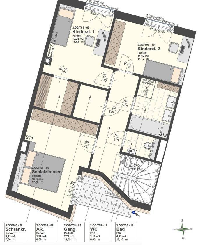 Grundriss des Obergeschosses mit drei Schlafzimmern, Bad und separatem WC.