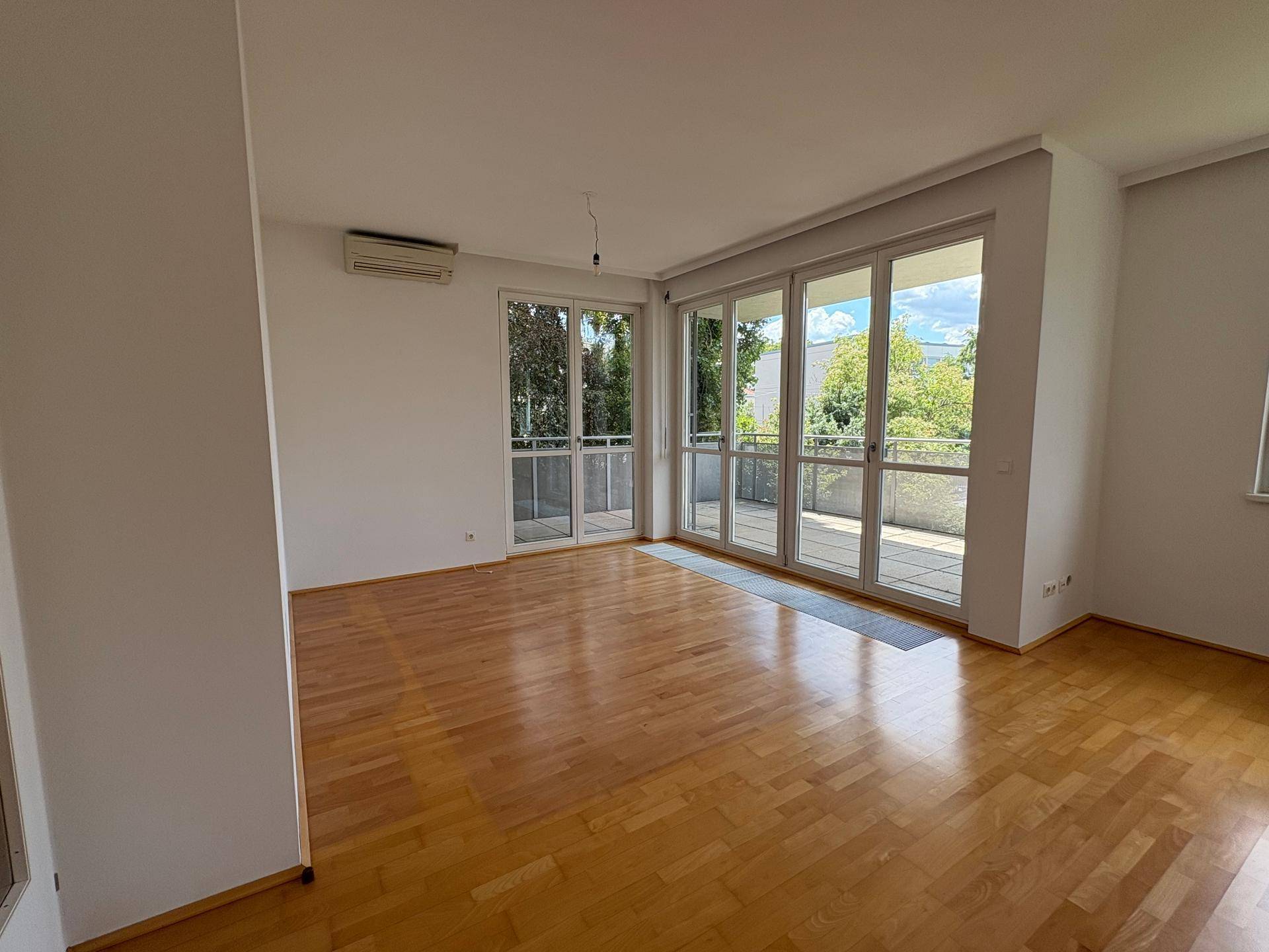 Geräumiger Wohnbereich mit Holzparkett, großer Glasfront und Zugang zu einer Terrasse.