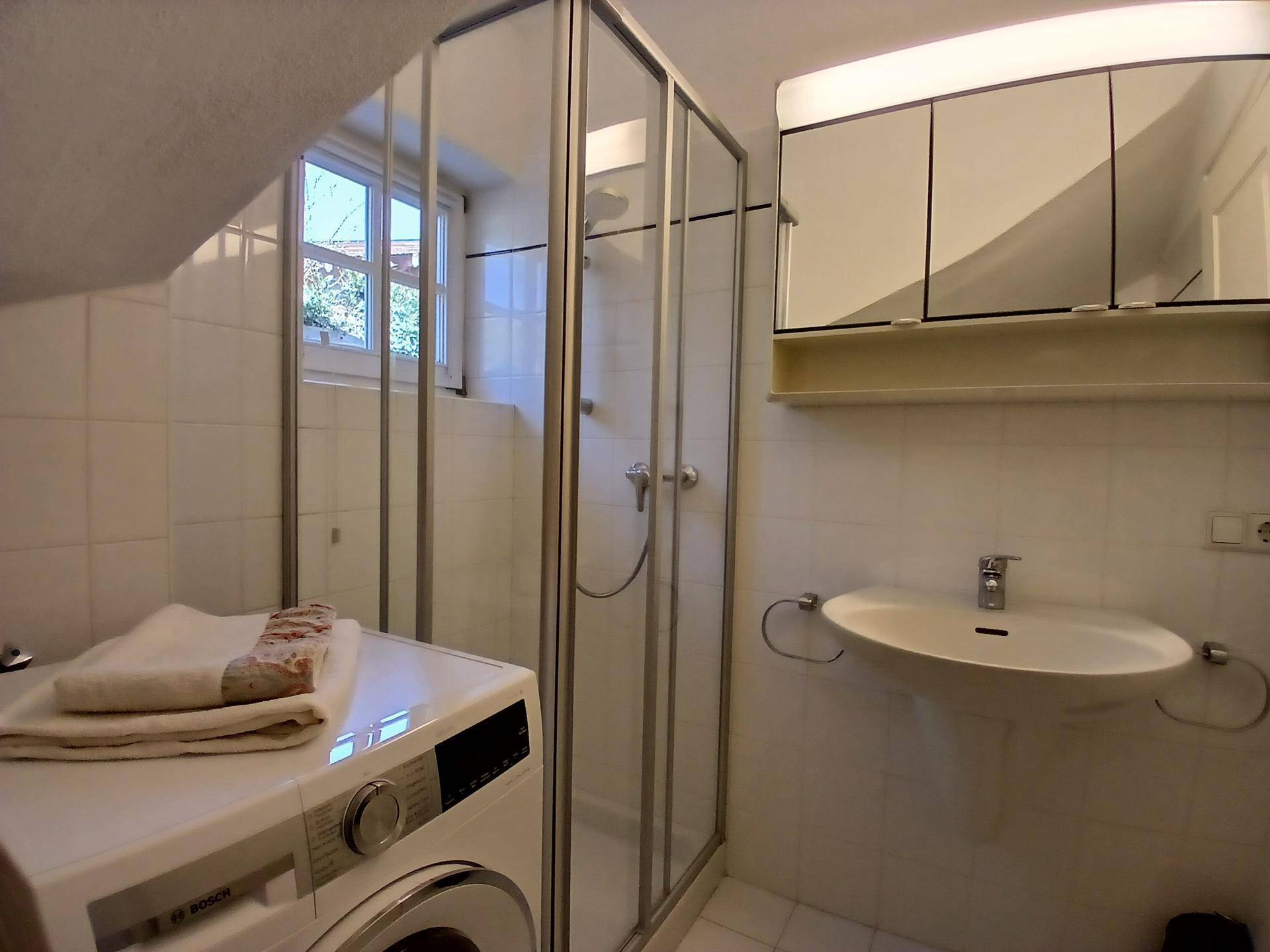 Modernes Badezimmer mit Duschkabine, Waschbecken und Waschmaschine.