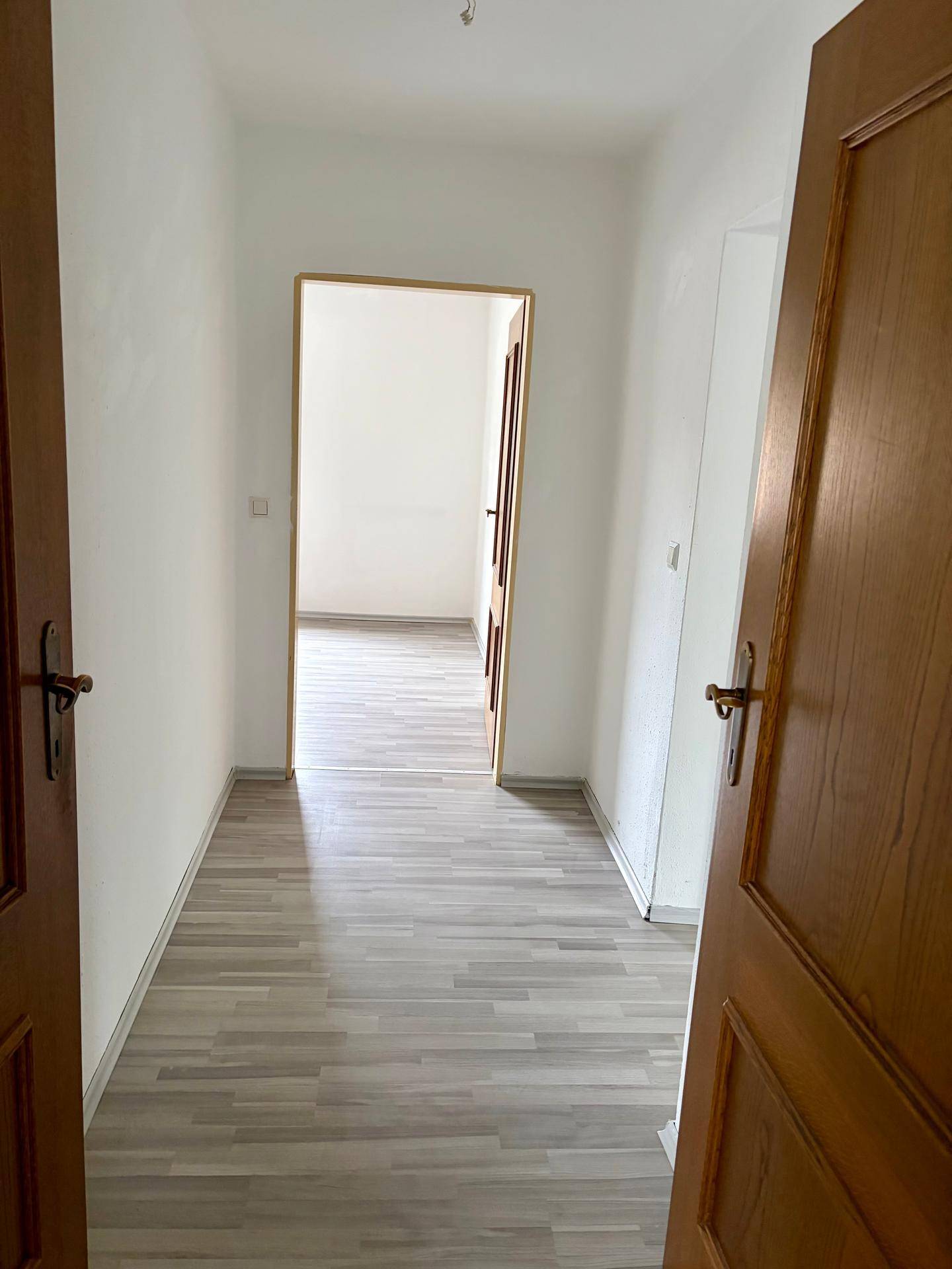 Heller Flur mit Laminatboden und Holztüren, der zu weiteren Zimmern führt.