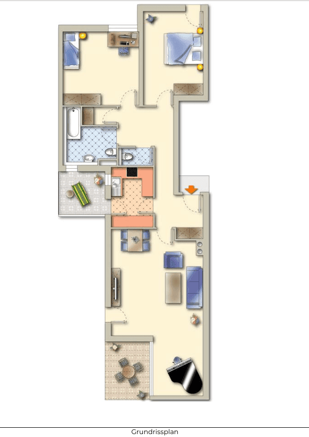Detaillierter Grundriss der Wohnung mit Möblierung und Raumaufteilung.