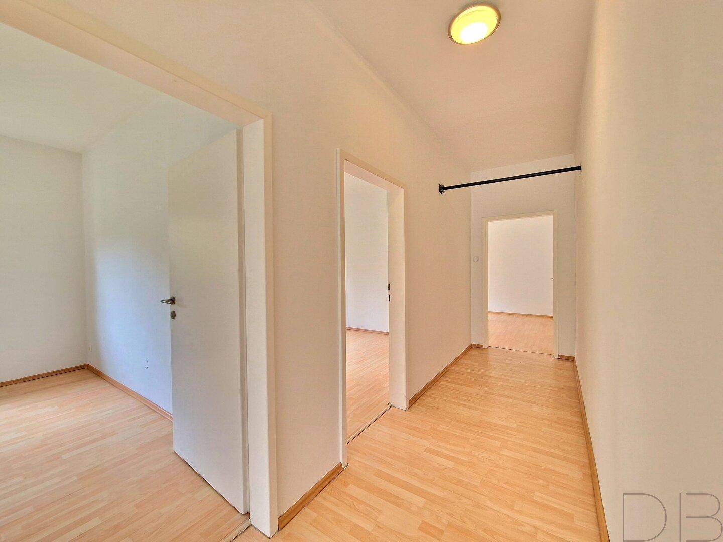 Heller Flur mit Holzboden, der den Zugang zu mehreren Zimmern ermöglicht.