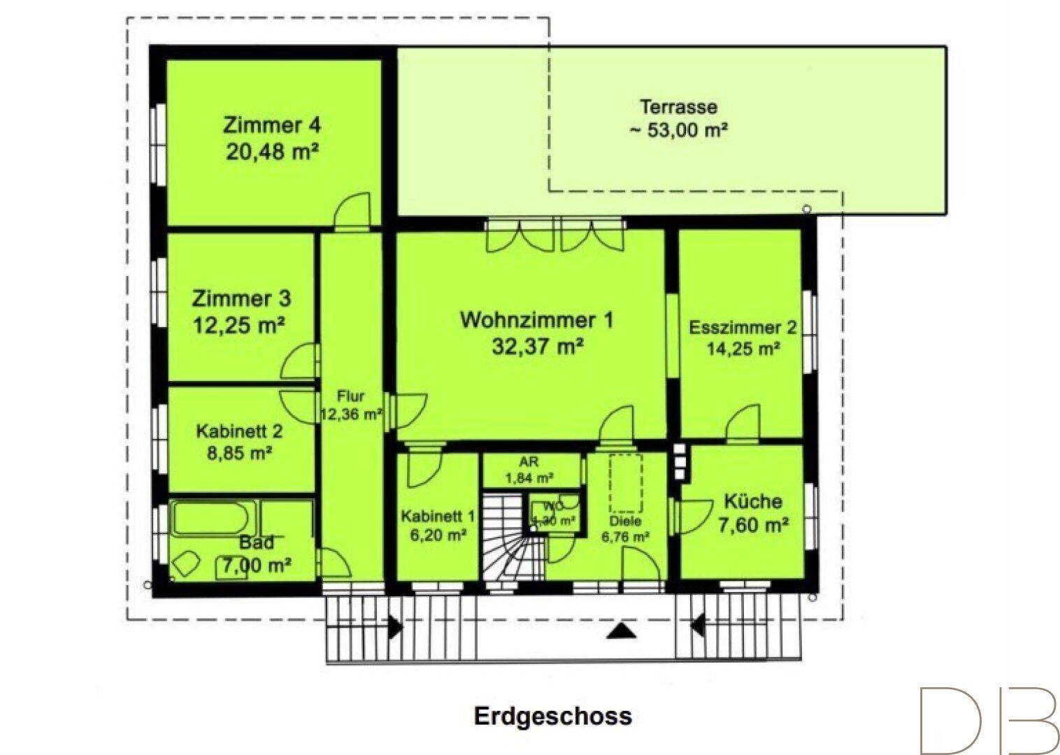 Grundriss des Erdgeschosses mit Wohnzimmer, Esszimmer, Küche und großer Terrasse.