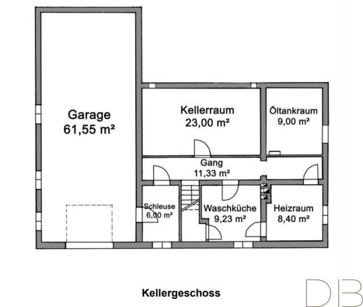 Grundriss des Kellergeschosses mit großer Garage, Waschküche und Kellerräumen.