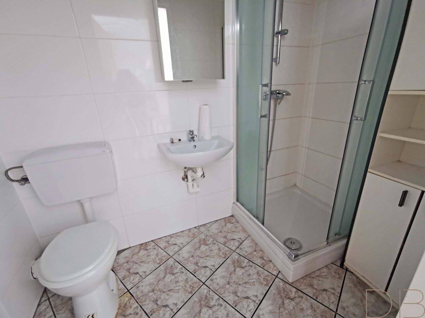 Funktionales Badezimmer mit weiß gefliesten Wänden, Duschkabine, WC und Waschbecken.