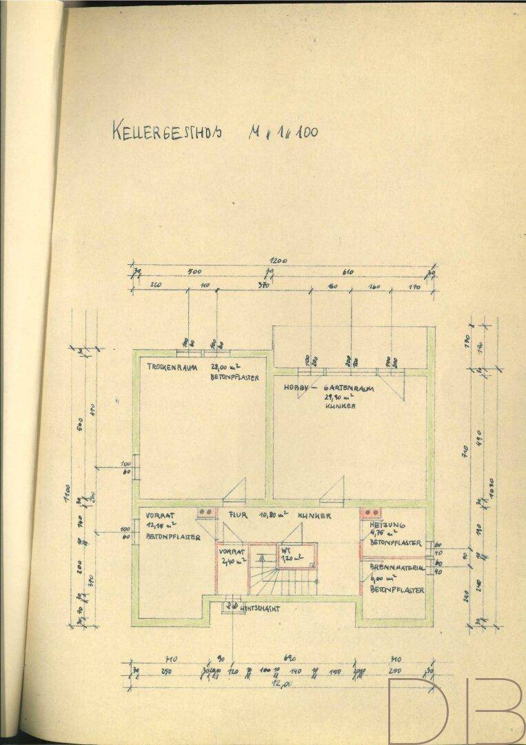 Grundriss des Kellergeschosses mit Trockenraum, Hobbyraum und Vorratskammer.